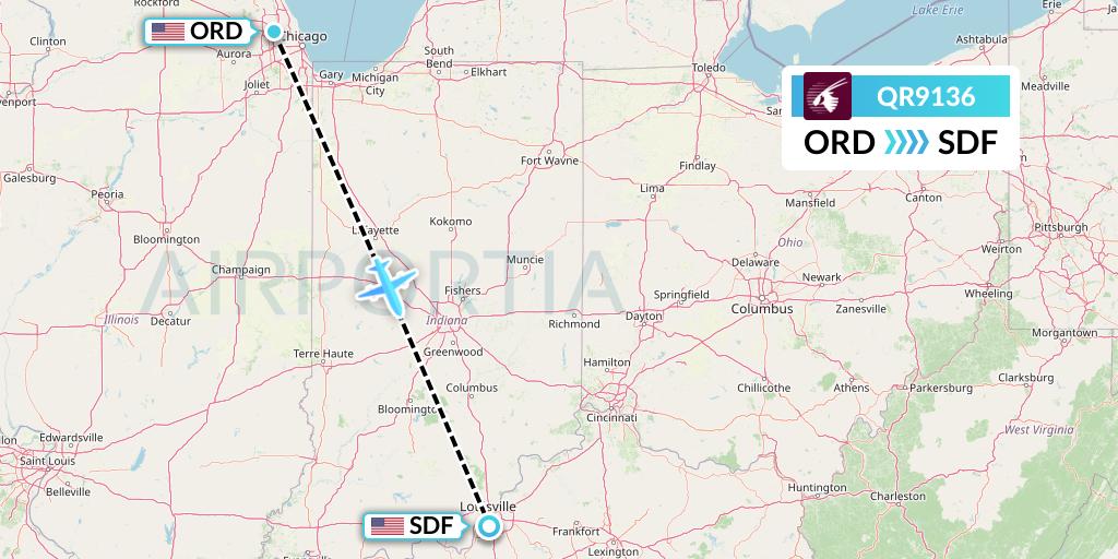 QR9136 Qatar Airways Flight Map: Chicago to Louisville
