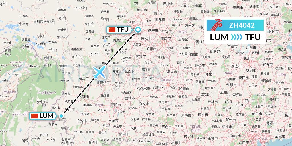 ZH4042 Shenzhen Airlines Flight Map: Mangshi to Chengdu