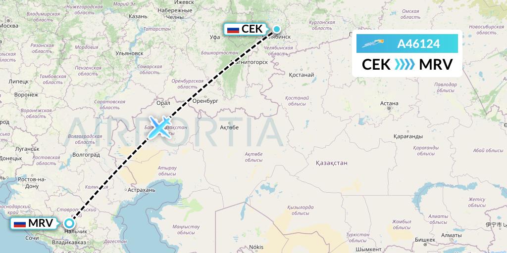 A46124 Azimuth Airlines Flight Map: Chelyabinsk to Mineralnye Vody