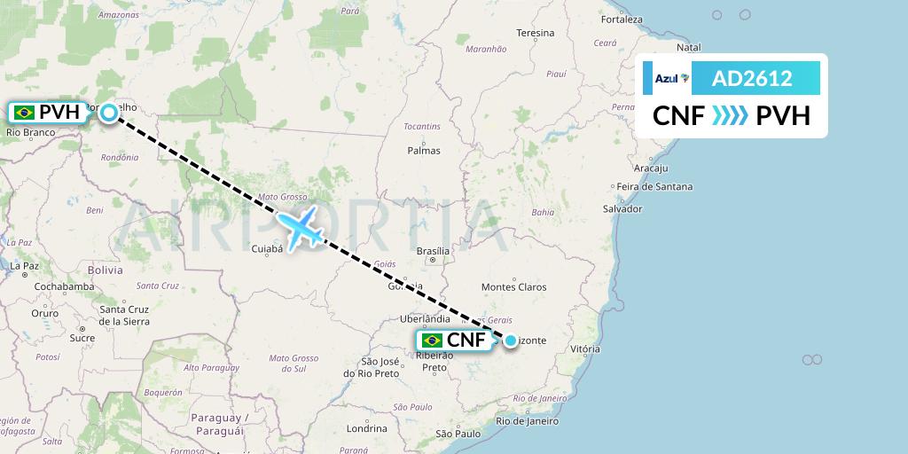 AD2612 Azul Brazilian Airlines Flight Map: Belo Horizonte to Porto Velho