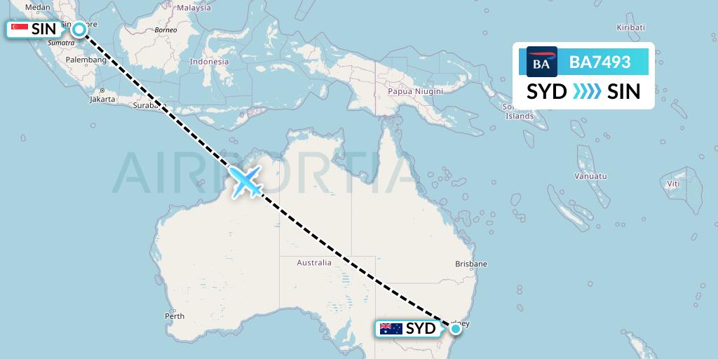 BA7493 British Airways Flight Map: Sydney to Singapore