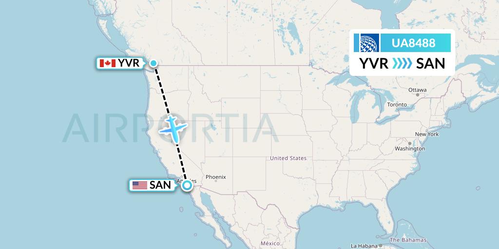UA8488 United Airlines Flight Map: Vancouver to San Diego