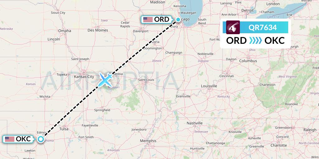 QR7634 Qatar Airways Flight Map: Chicago to Oklahoma City