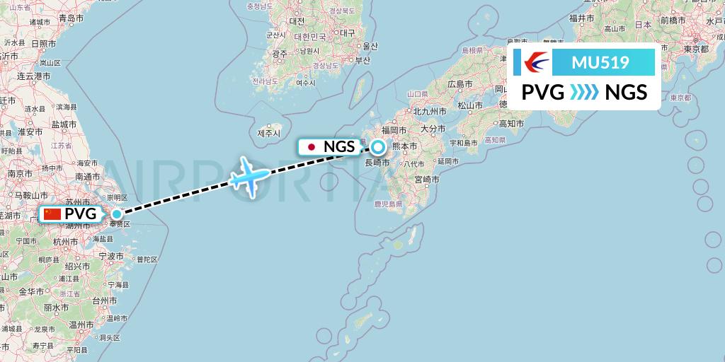 MU519 China Eastern Airlines Flight Map: Shanghai to Nagasaki