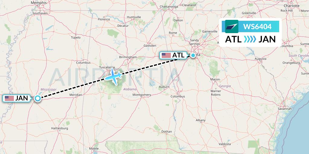 WS6404 WestJet Flight Map: Atlanta to Jackson
