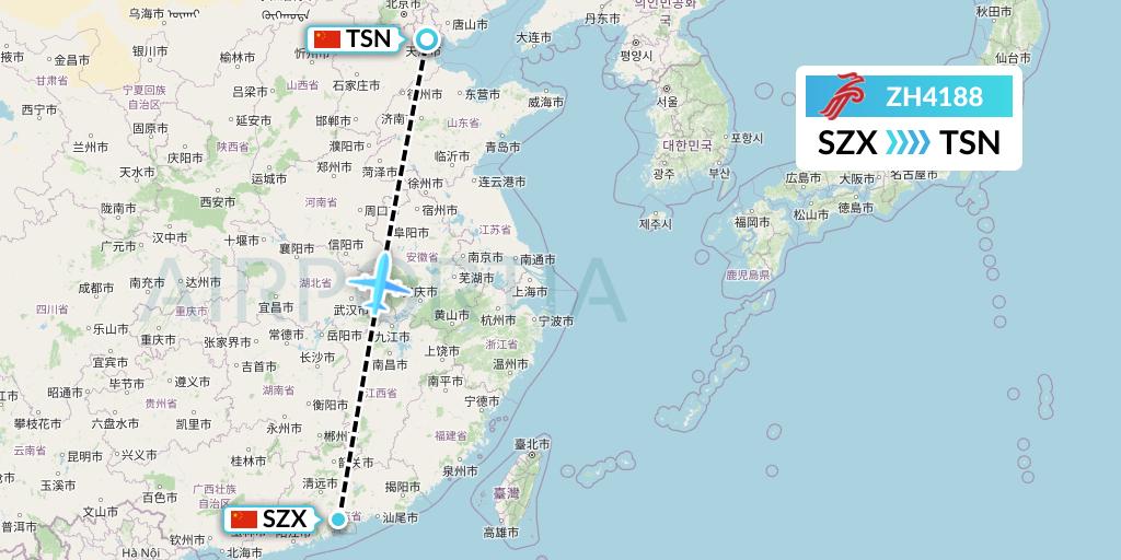 ZH4188 Shenzhen Airlines Flight Map: Shenzhen to Tianjin