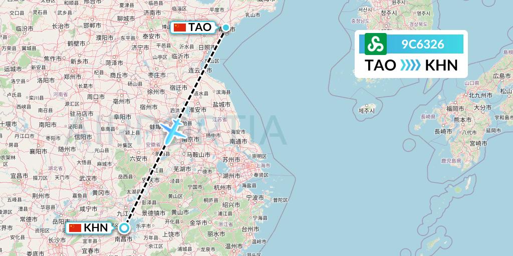 9C6326 Spring Airlines Flight Map: Qingdao to Nanchang