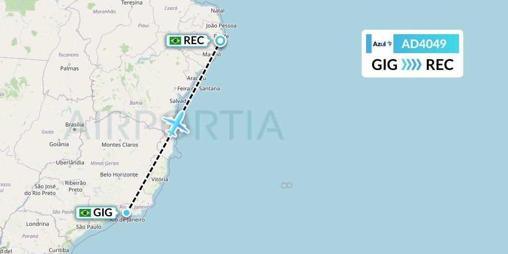 AD4049 Azul Brazilian Airlines Flight Map: Rio de Janeiro to Recife