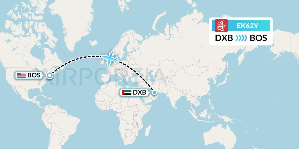 EK62Y Emirates Flight Map: Dubai to Boston