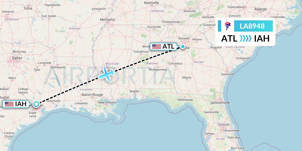 LA8948 LAN Airlines Flight Map: Atlanta to Houston