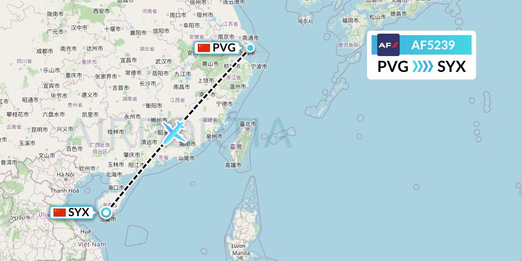 AF5239 Air France Flight Map: Shanghai to Sanya