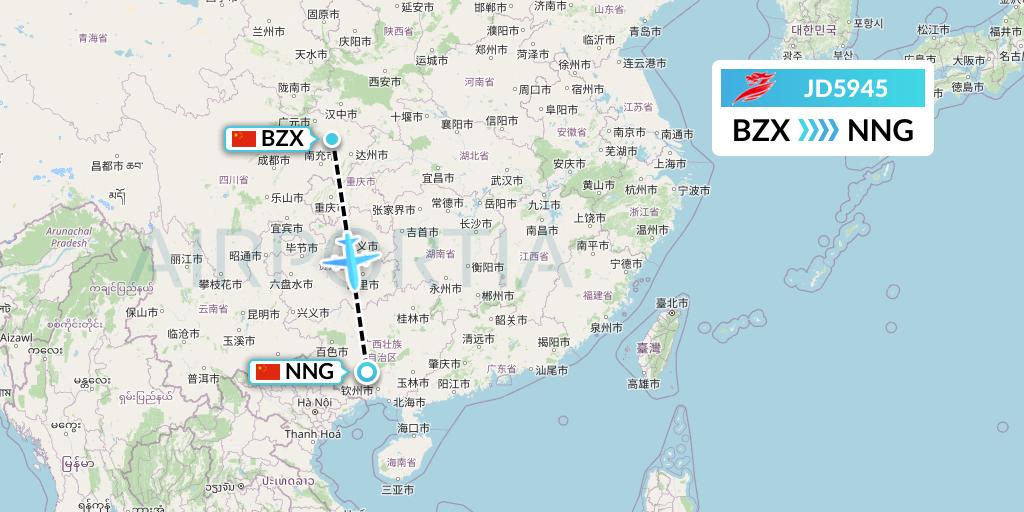 JD5945 Capital Airlines Flight Map: Guangyuan to Nanning