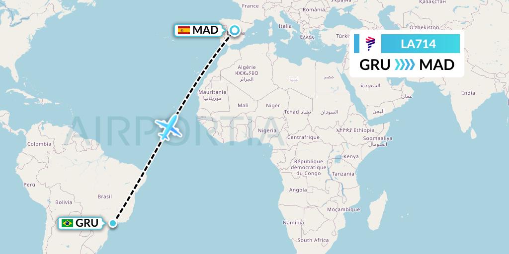 LA714 LAN Airlines Flight Map: Sao Paulo to Madrid