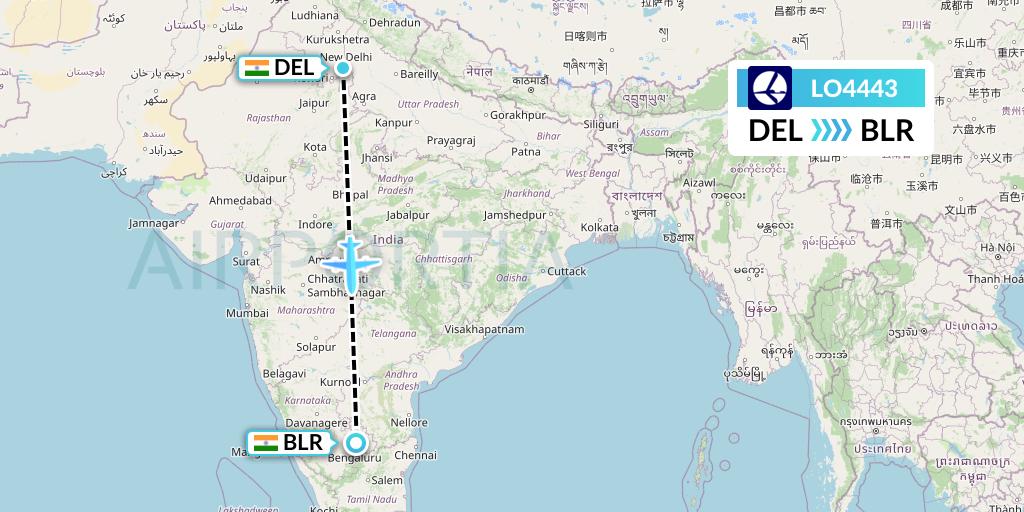 LO4443 LOT Flight Map: Delhi to Bangalore