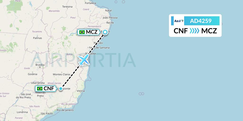 AD4259 Azul Brazilian Airlines Flight Map: Belo Horizonte to Maceio