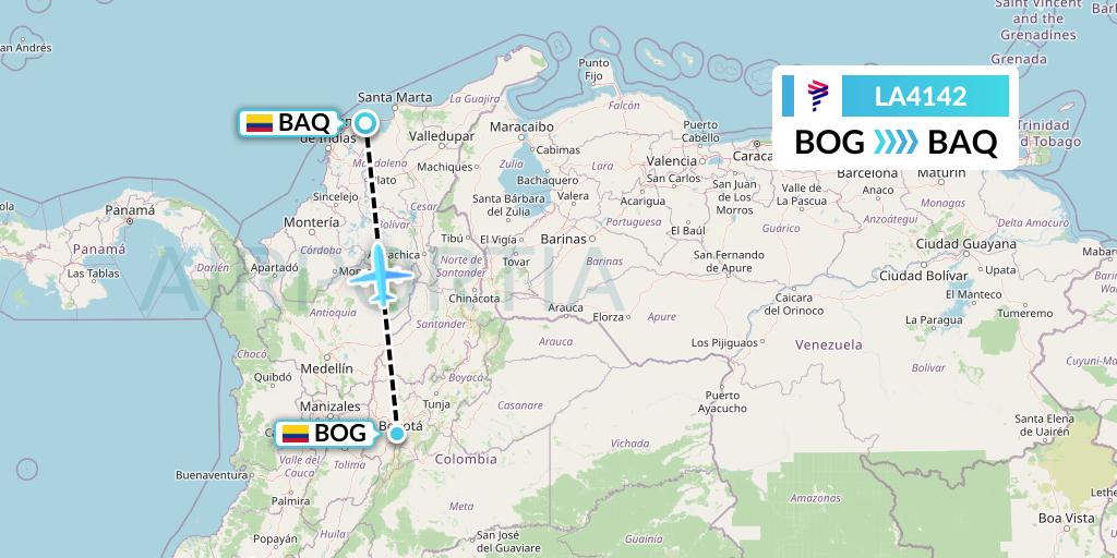 LA4142 LAN Airlines Flight Map: Bogota to Barranquilla