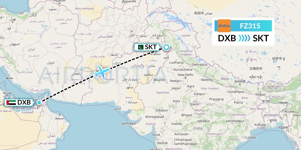 FZ315 FlyDubai Flight Map: Dubai to Sialkot
