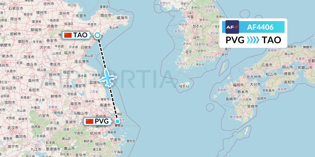 AF4406 Air France Flight Map: Shanghai to Qingdao