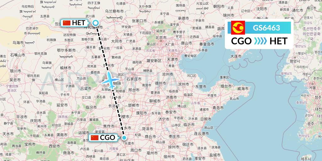 GS6463 Tianjin Airlines Flight Map: Zhengzhou to Hohhot