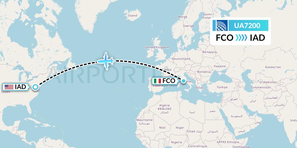 UA7200 United Airlines Flight Map: Rome to Washington