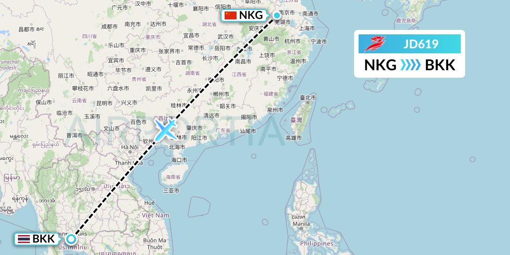 JD619 Capital Airlines Flight Map: Nanjing to Bangkok
