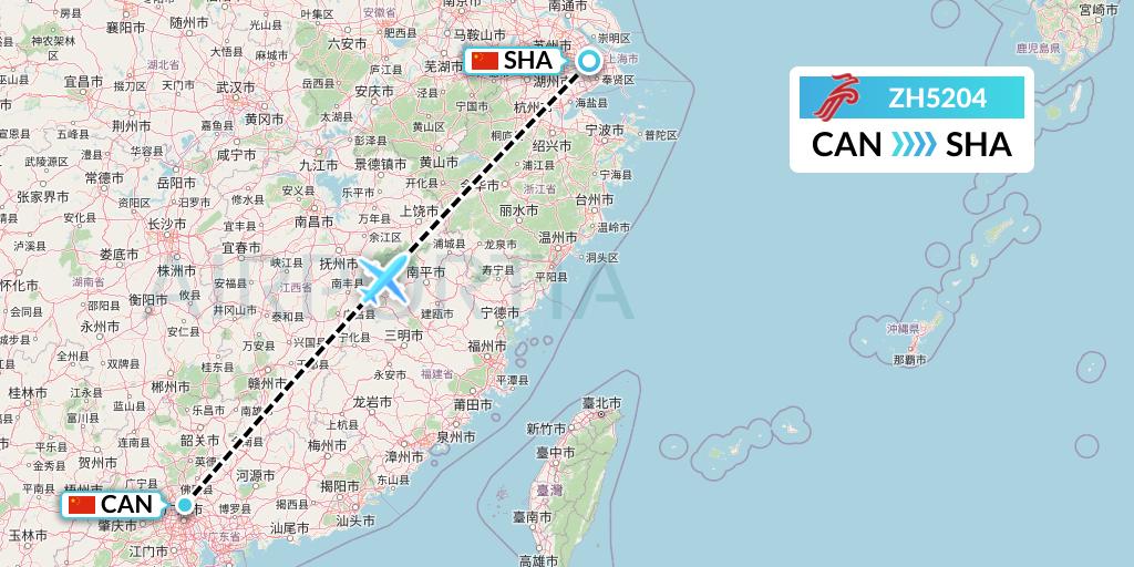 ZH5204 Shenzhen Airlines Flight Map: Guangzhou to Shanghai