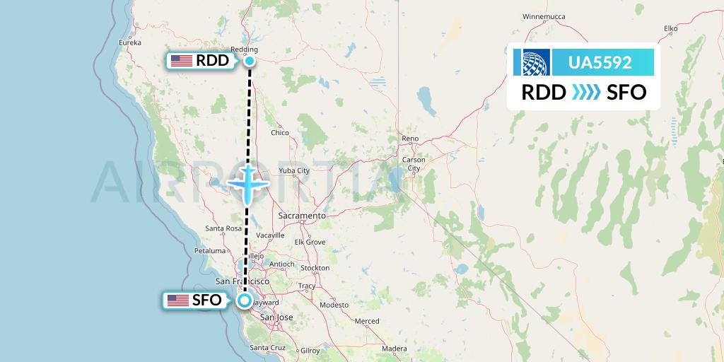 UA5592 United Airlines Flight Map: Redding to San Francisco