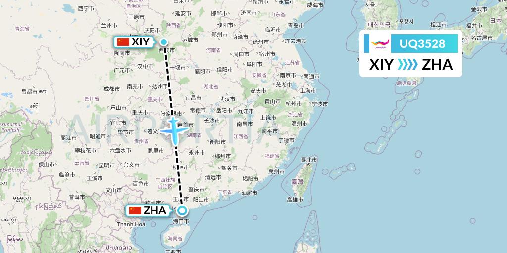 UQ3528 Urumqi Airlines Flight Map: Xi'an to Zhanjiang
