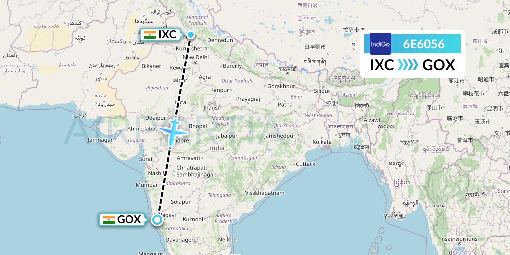6E6056 IndiGo Airlines Flight Map: Chandigarh to Goa