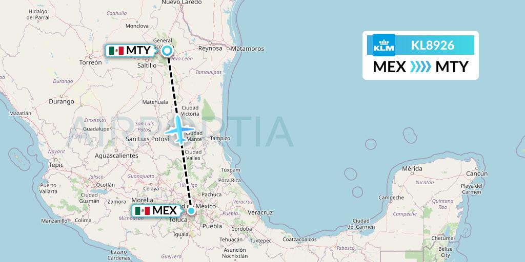 KL8926 KLM Flight Map: Mexico City to Monterrey