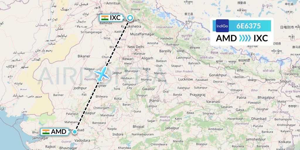 6E6375 IndiGo Airlines Flight Map: Ahmedabad to Chandigarh