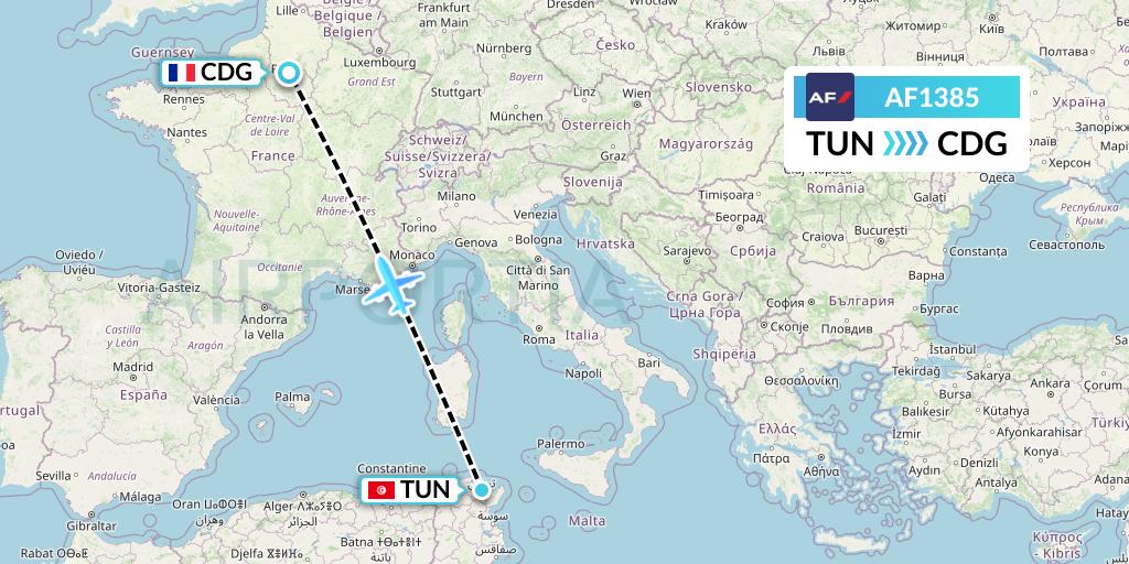 AF1385 Air France Flight Map: Tunis to Paris
