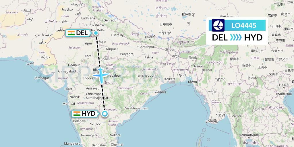 LO4445 LOT Flight Map: Delhi to Hyderabad