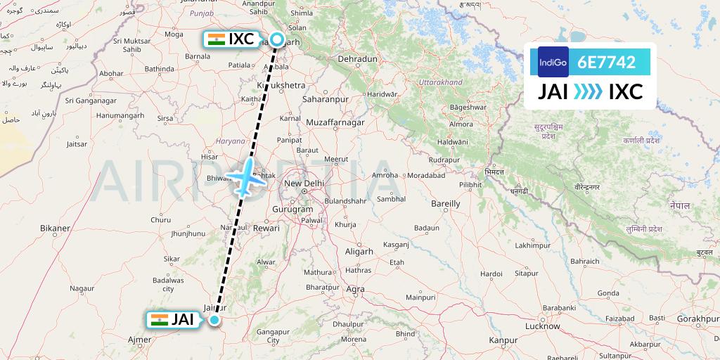 6E7742 IndiGo Airlines Flight Map: Jaipur to Chandigarh