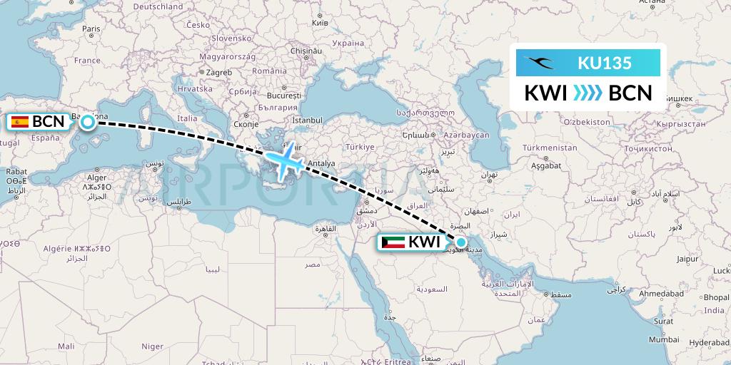 KU135 Kuwait Airways Flight Map: Kuwait City to Barcelona