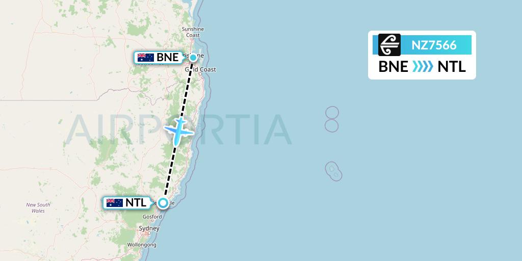 NZ7566 Air New Zealand Flight Map: Brisbane to Newcastle