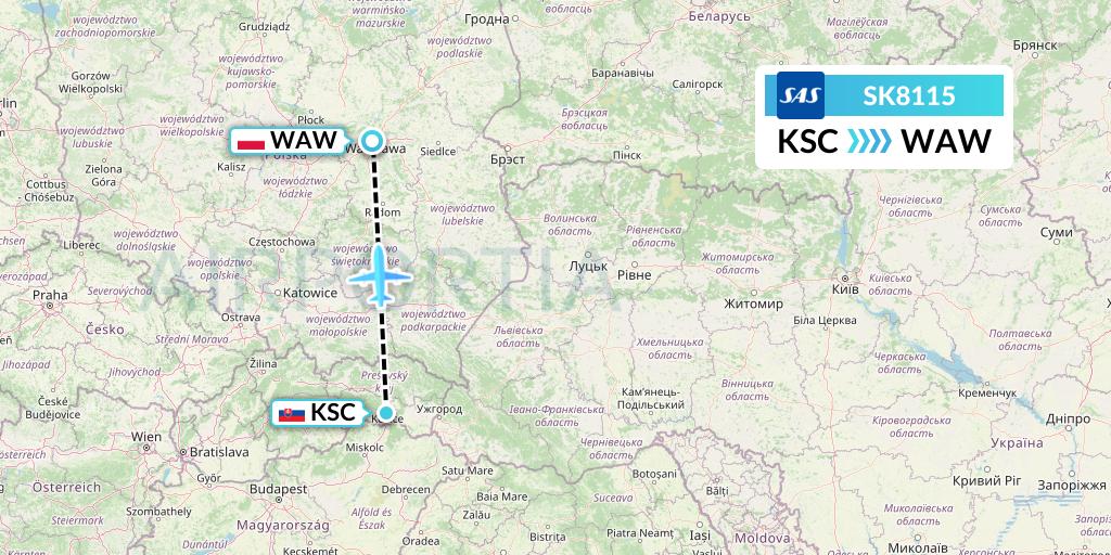 SK8115 SAS Flight Map: Kosice to Warsaw