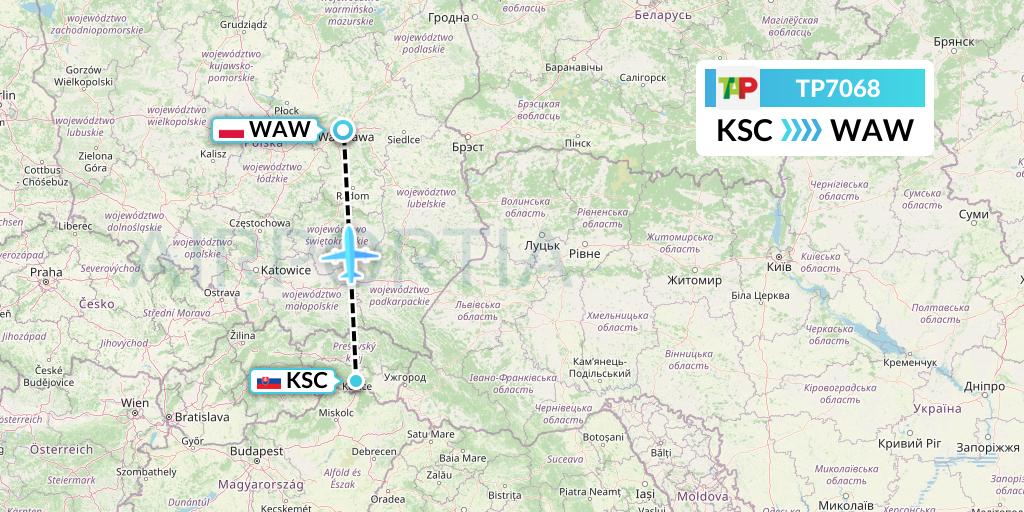 TP7068 TAP Portugal Flight Map: Kosice to Warsaw