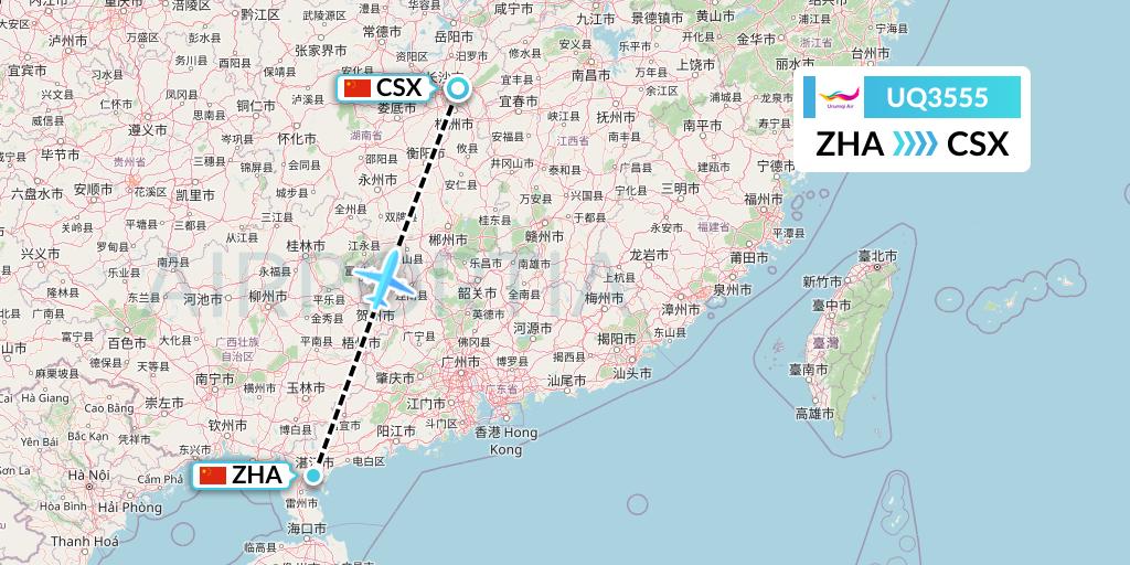 UQ3555 Urumqi Airlines Flight Map: Zhanjiang to Changsha