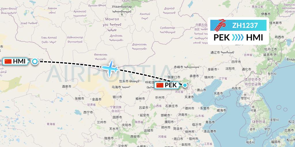 ZH1237 Shenzhen Airlines Flight Map: Beijing to Hami City
