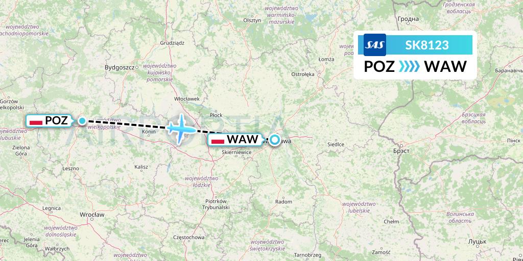 SK8123 SAS Flight Map: Poznan to Warsaw
