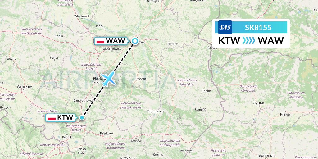 SK8155 SAS Flight Map: Katowice to Warsaw