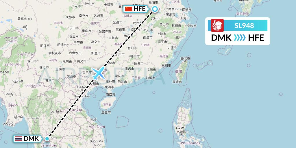 SL948 Thai Lion Air Flight Map: Bangkok to Hefei