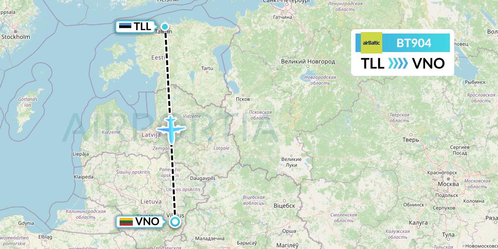 BT904 Air Baltic Flight Map: Tallinn to Vilnius