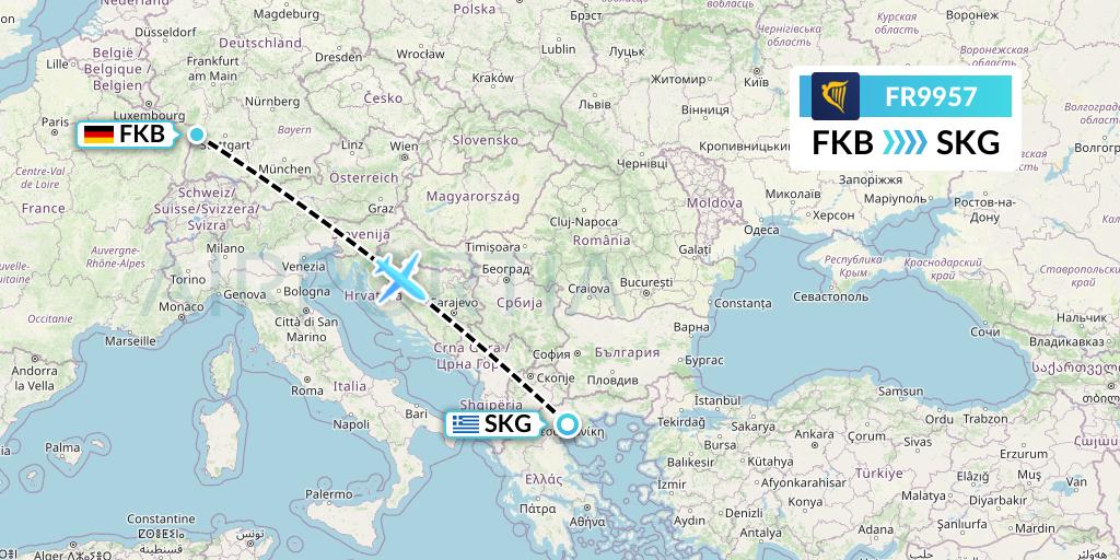 FR9957 Ryanair Flight Map: Karlsruhe/Baden-Baden to Thessaloniki