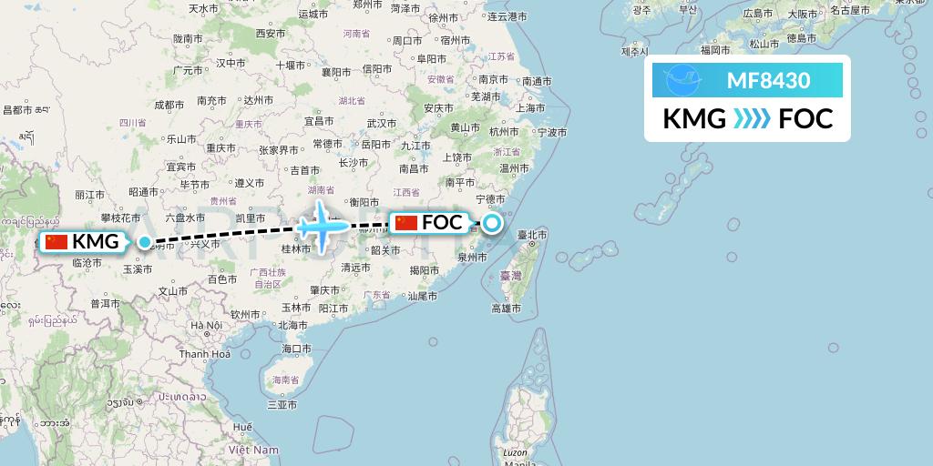 MF8430 Xiamen Airlines Flight Map: Kunming to Fuzhou
