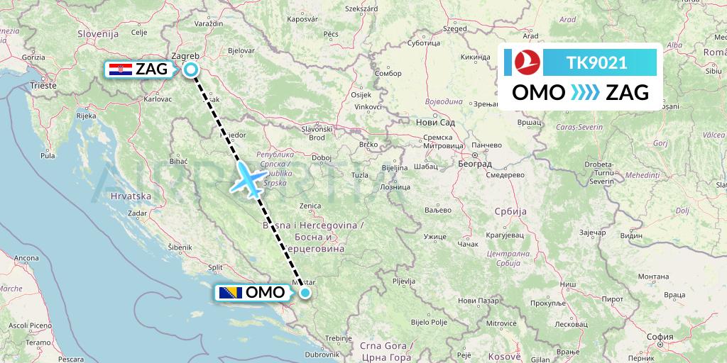 TK9021 Turkish Airlines Flight Map: Mostar to Zagreb