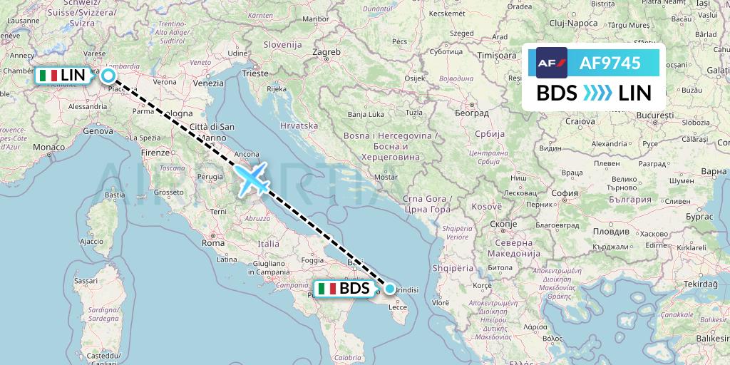 AF9745 Air France Flight Map: Brindisi to Milan