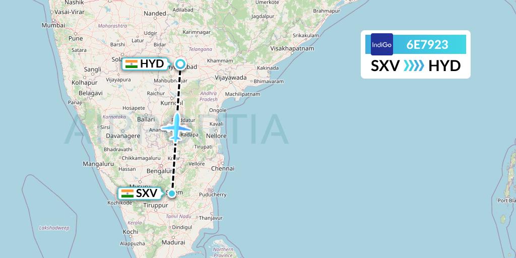 6E7923 IndiGo Airlines Flight Map: India to Hyderabad