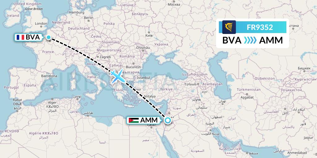 FR9352 Ryanair Flight Map: Paris to Amman